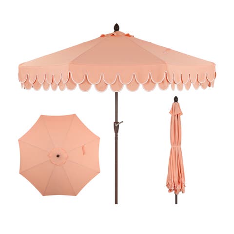Tracy 9 ft. Classic MidCentury Scalloped Fringe Market Patio Umbrella with Auto-Tilt, Crank, Wind Vent and UV Protection