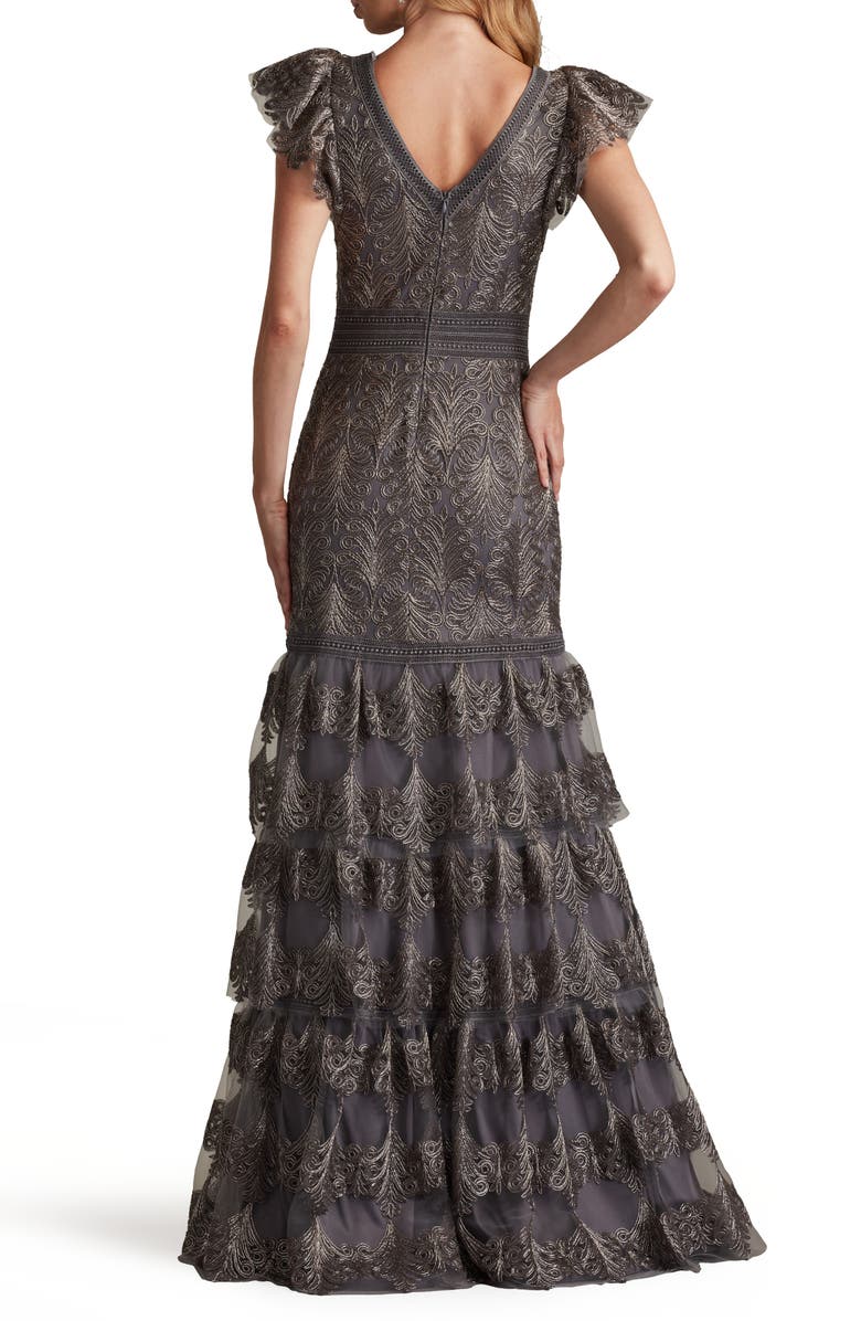 Tadashi Shoji Flutter Sleeve Tiered Plunge Neck Gown, Alternate, color,
