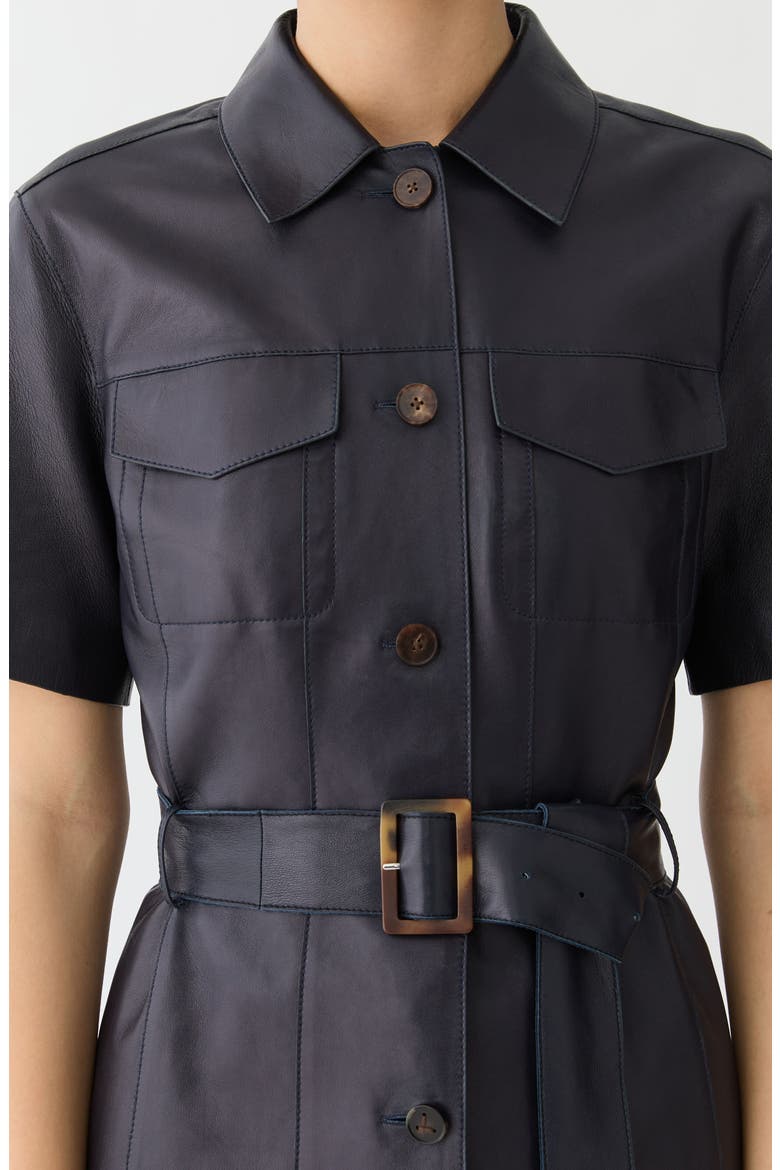 Belted Short Sleeve Lambskin Leather Jacket, Alternate, color, INK