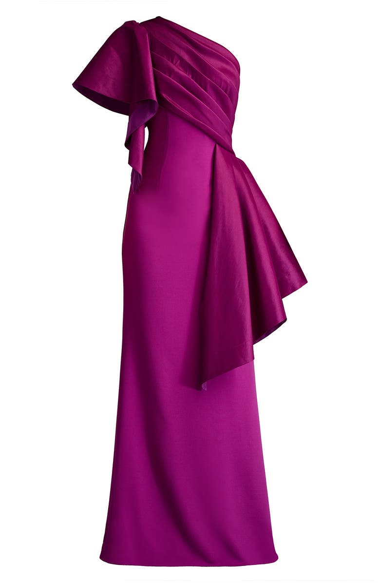 Tadashi Shoji Draped One-Shoulder Mixed Media Gown, Alternate, color, Magenta