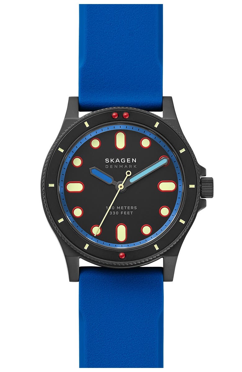 Skagen Men's Fisk 3-Hand Blue Silicone Watch, 42mm, Alternate, color, 