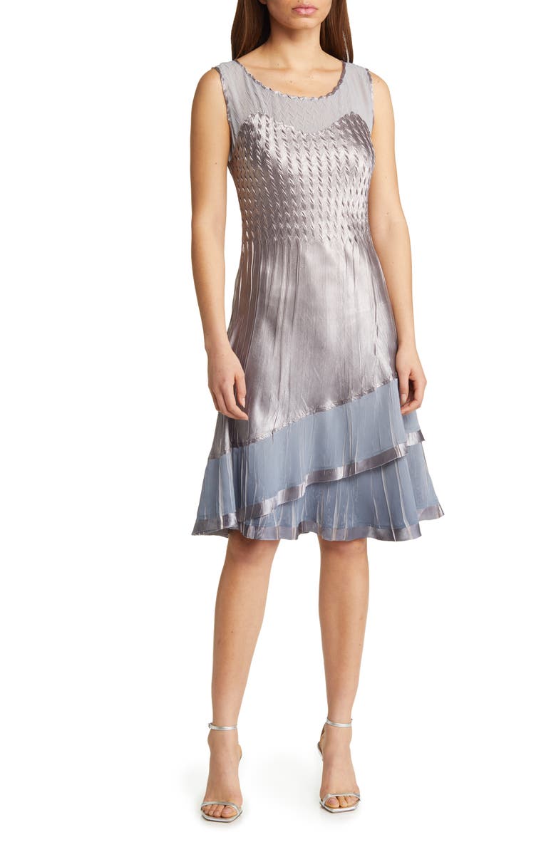 Komarov Charmeuse & Chiffon Cocktail Dress with Duster Jacket, Alternate, color, Silver Night Ombre