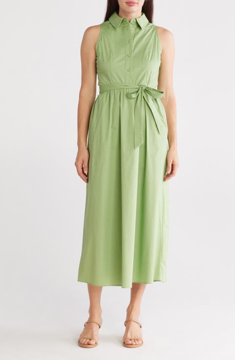 Tie Waist Stretch Cotton Shirtdress