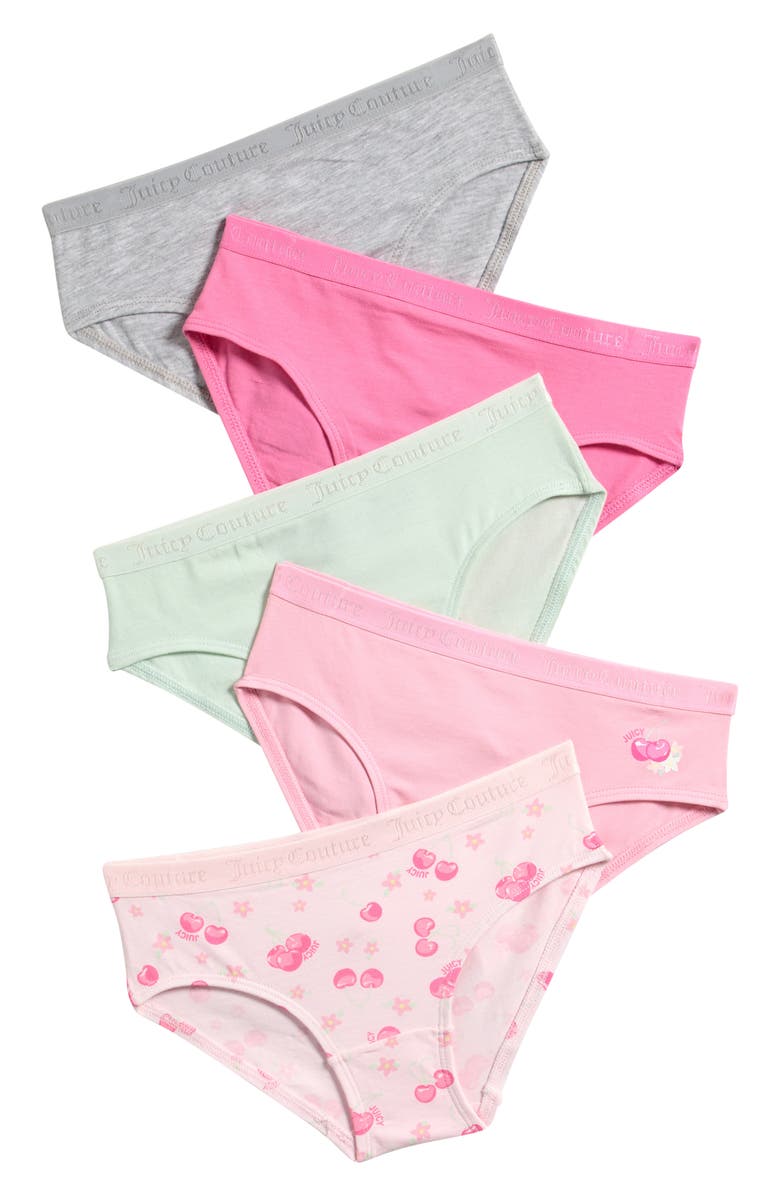 Juicy Couture Kids' 5-Pack Assorted Stretch Cotton Bikini Briefs, Main, color, Sweet Peony/ Aloe Water