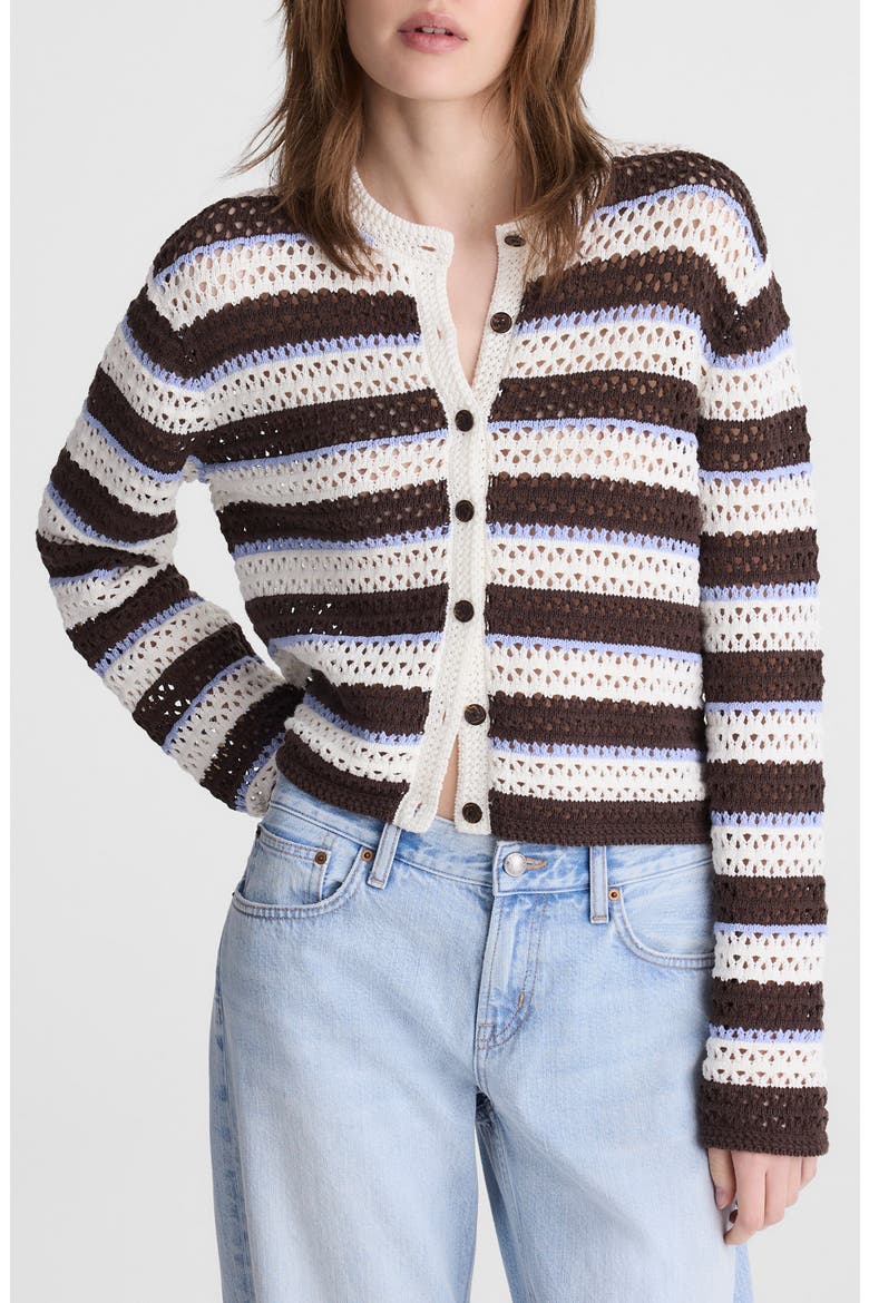 Stripe Pointelle Cardigan, Main, color, IVORY AND BROWN MULTI STRIPE