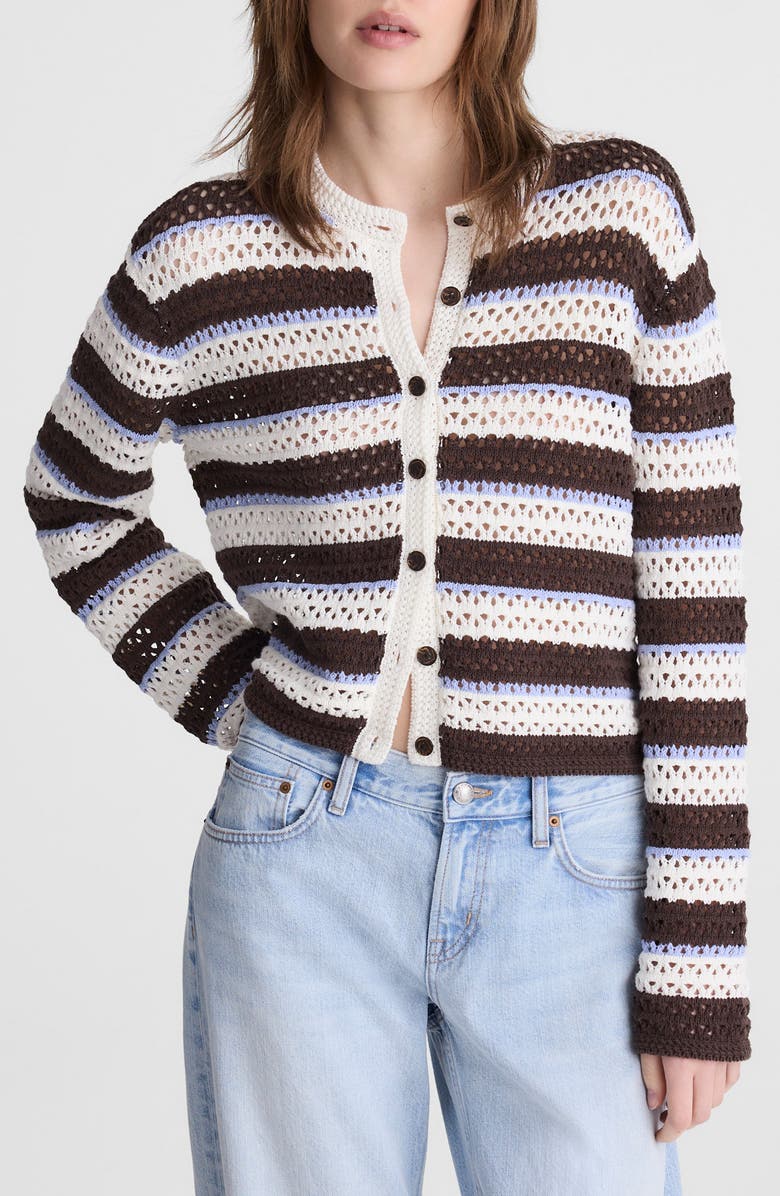 Madewell Stripe Pointelle Cardigan, Main, color, Ivory And Brown Multi Stripe
