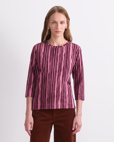 Stripe Print Mercerised 3/4 Sleeve Top