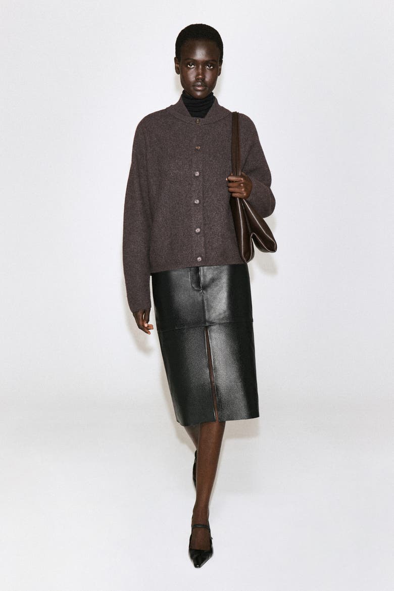 Layered-collar Boiled Wool Cardigan, Alternate, color, CHOCOLATE