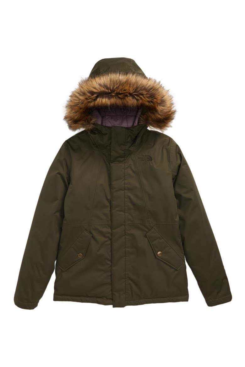 Greenland Waterproof 550 Fill Power Down Jacket with Faux Fur Trim, Main, color, NEW TAUPE GREEN