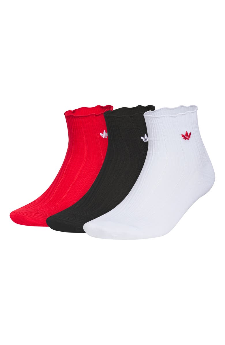 adidas Gender Inclusive Originals Ruffle Assorted 3-Pack Quarter Socks, Main, color, Scarlet/ White/ Black