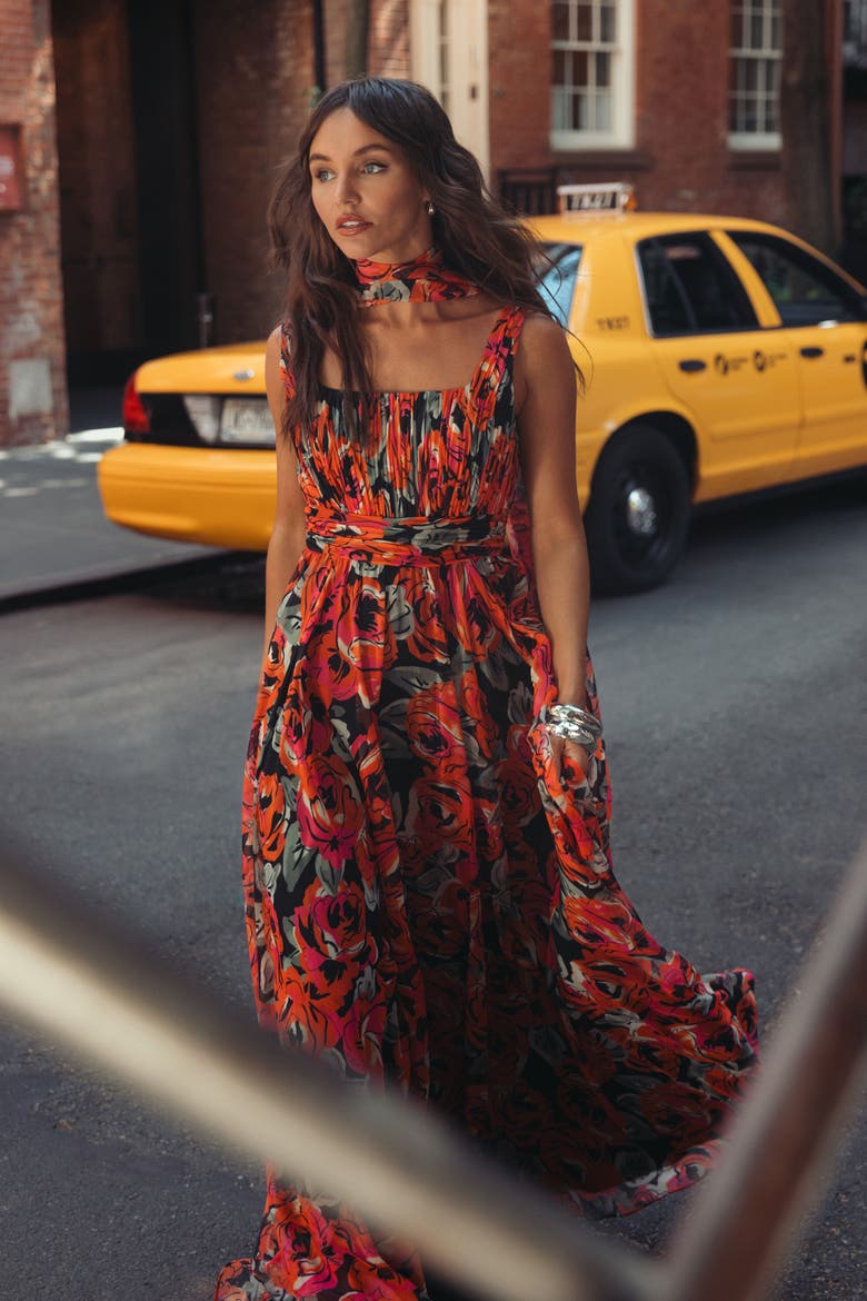 Floral Chiffon A-Line Gown with Scarf, Alternate, color, Rose