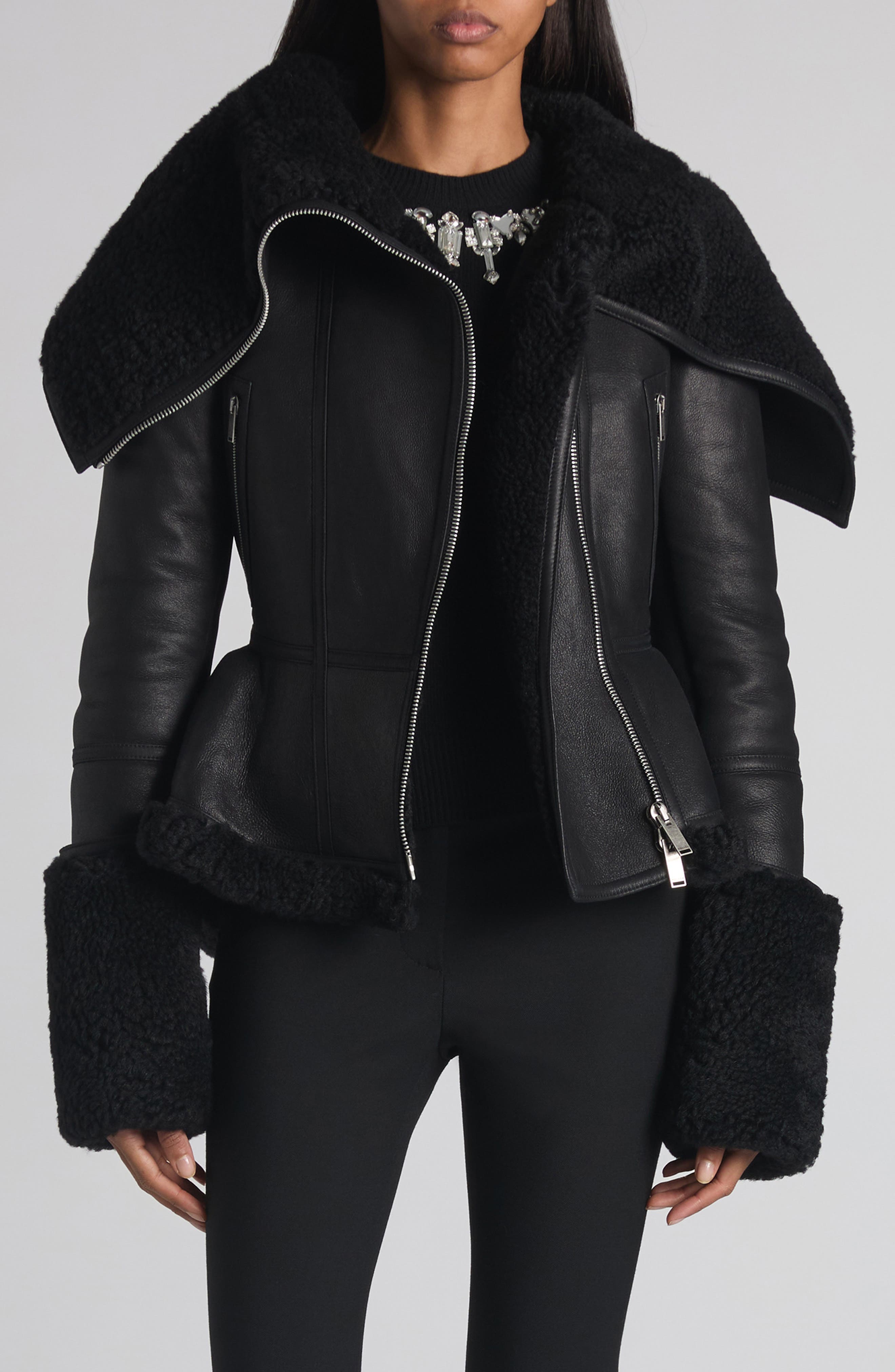 Oversize Collar Genuine Shearling Moto Jacket