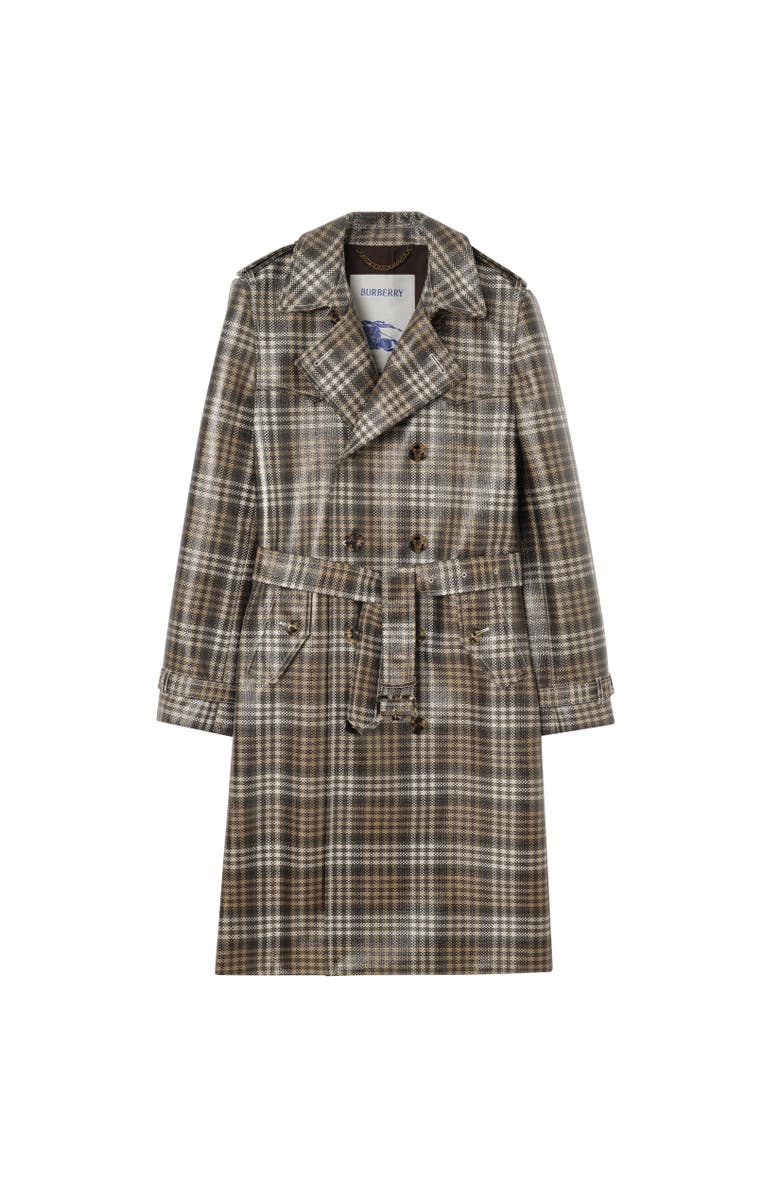 Burberry Long Check Coated Raffia-effect Foxfield Trench Coat, Alternate, color, Chalk White/Truffle Brown