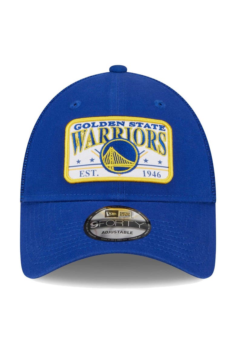 Men's New Era  Royal Golden State Warriors Plate Oversized Patch Trucker 9FORTY Adjustable Hat, Alternate, color, Royal