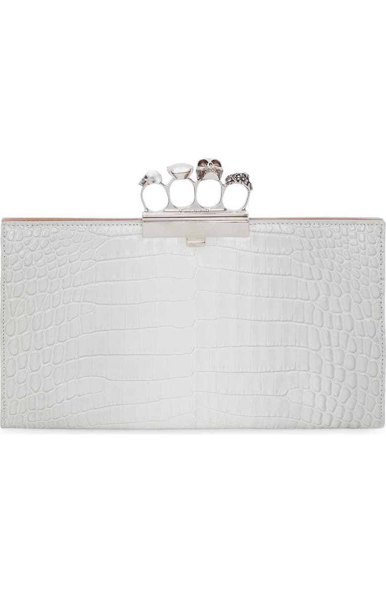 McQueen Jewelled Four-Ring Flat Pouch Ombré Croc Embossed Leather Clutch, Main, color,