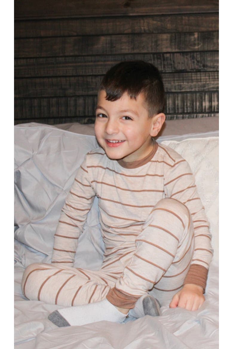 Emerson Fitted Long Sleeve 2-Piece Pajamas, Alternate, color, Mocha Stripe