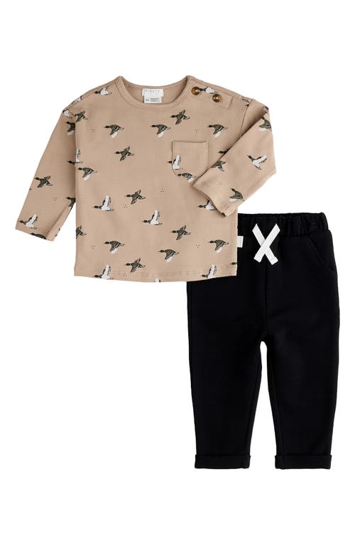 FIRSTS by Petit Lem Mallard Print Long Sleeve Cotton T-Shirt & Pants Set in Sand 