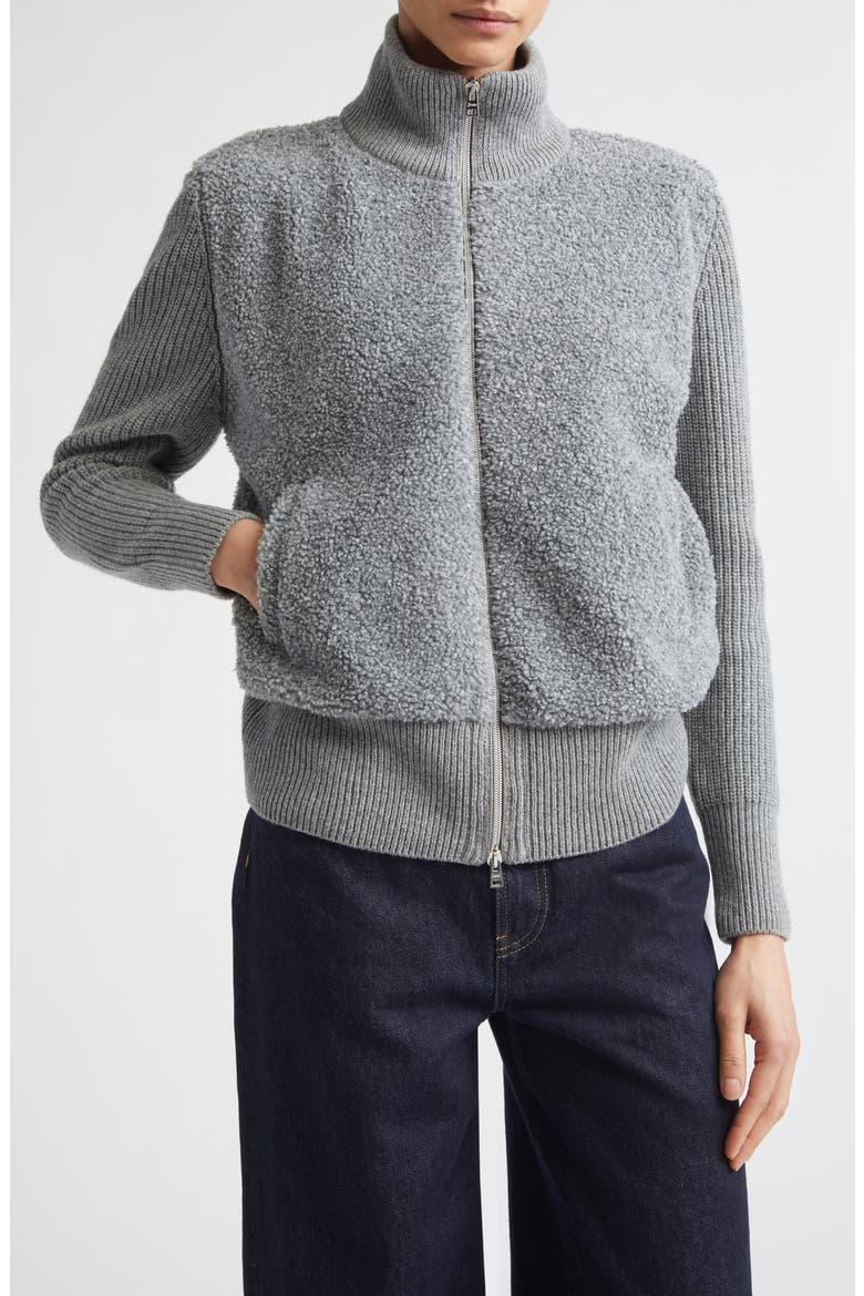 Mixed Media Wool Rib & Curly Fleece Cardigan, Main, color, 1985 CHANTILLY