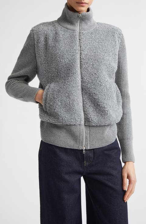 Mixed Media Wool Rib & Curly Fleece Cardigan