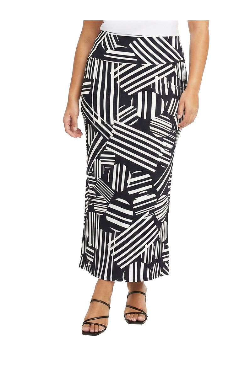 Curvy Essential Abstract Print Foldover Waist Maxi Skirt, Main, color, Black Multi