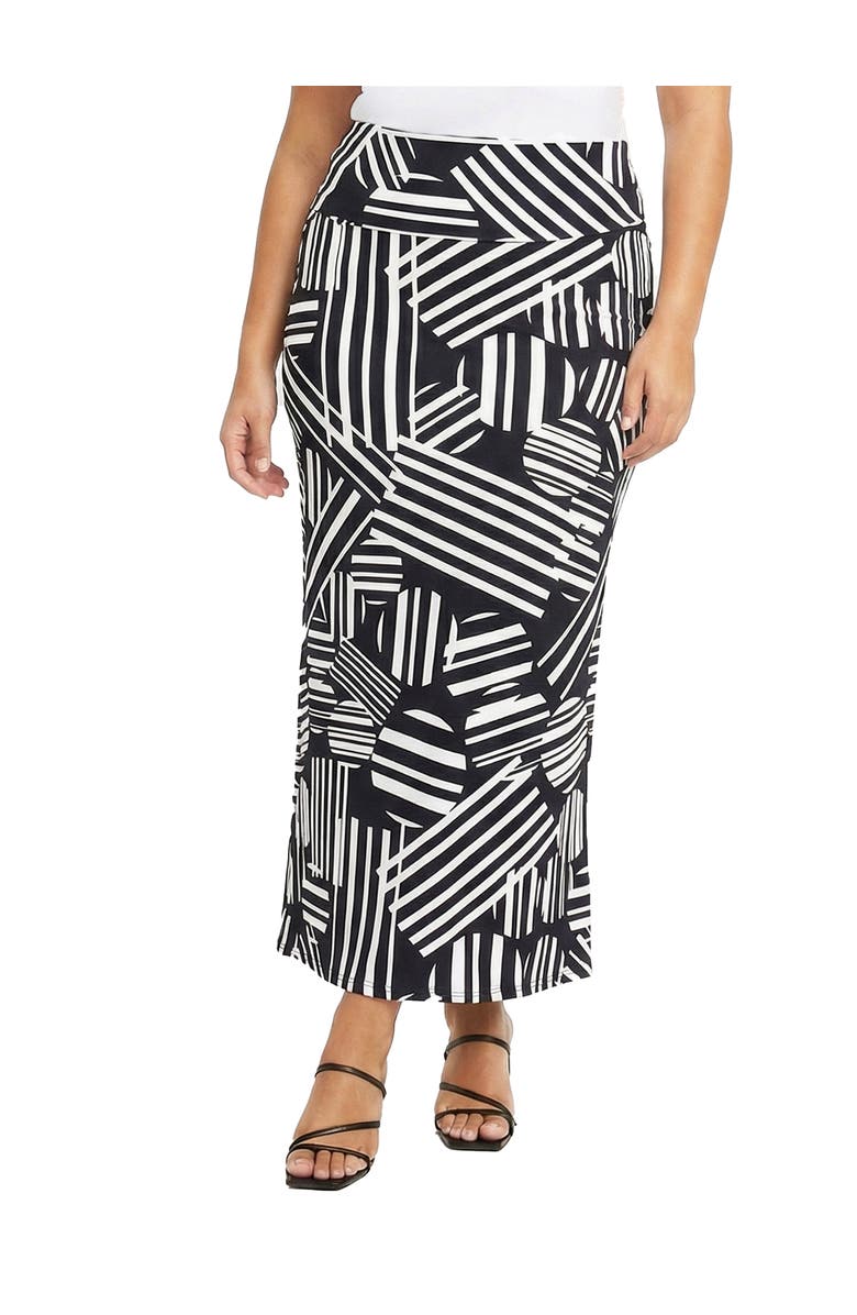 24seven Comfort Apparel Curvy Essential Abstract Print Foldover Waist Maxi Skirt, Main, color, Black Multi