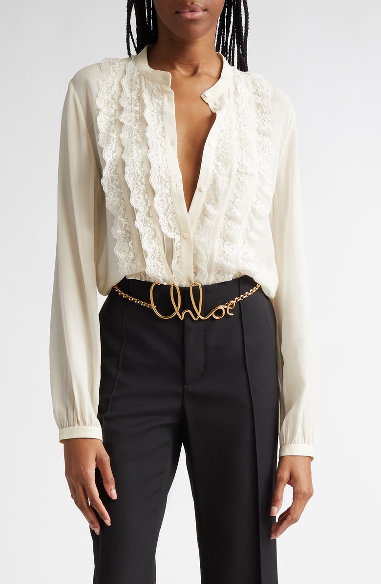 Chloé Ruffle Front Silk Georgette Shirt, Main, color, Pristine White