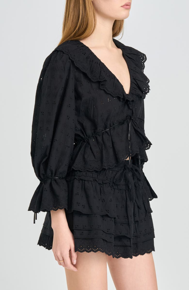 WAYF Sophia Eyelet Lace Trim Babydoll Crop Top, Alternate, color, Black