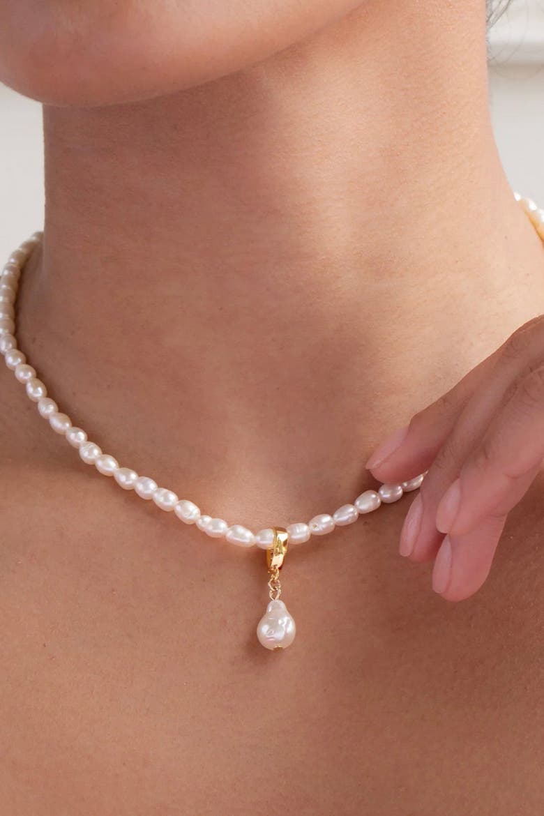 Nacre Cultured Pearl Necklace with Teardrop Shaped Charm Pendant, Alternate, color, Gold