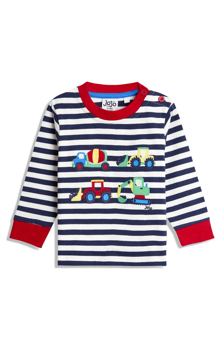 JOJO MAMAN BEBE Construction Vehicle Embroidered Long Sleeve Shirt, Main, color, Navy Ecru Stripe
