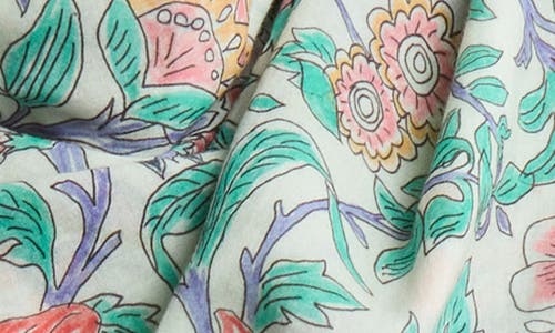 Vismaya Floral Print Tassel Cotton Scarf In Light Green Multi
