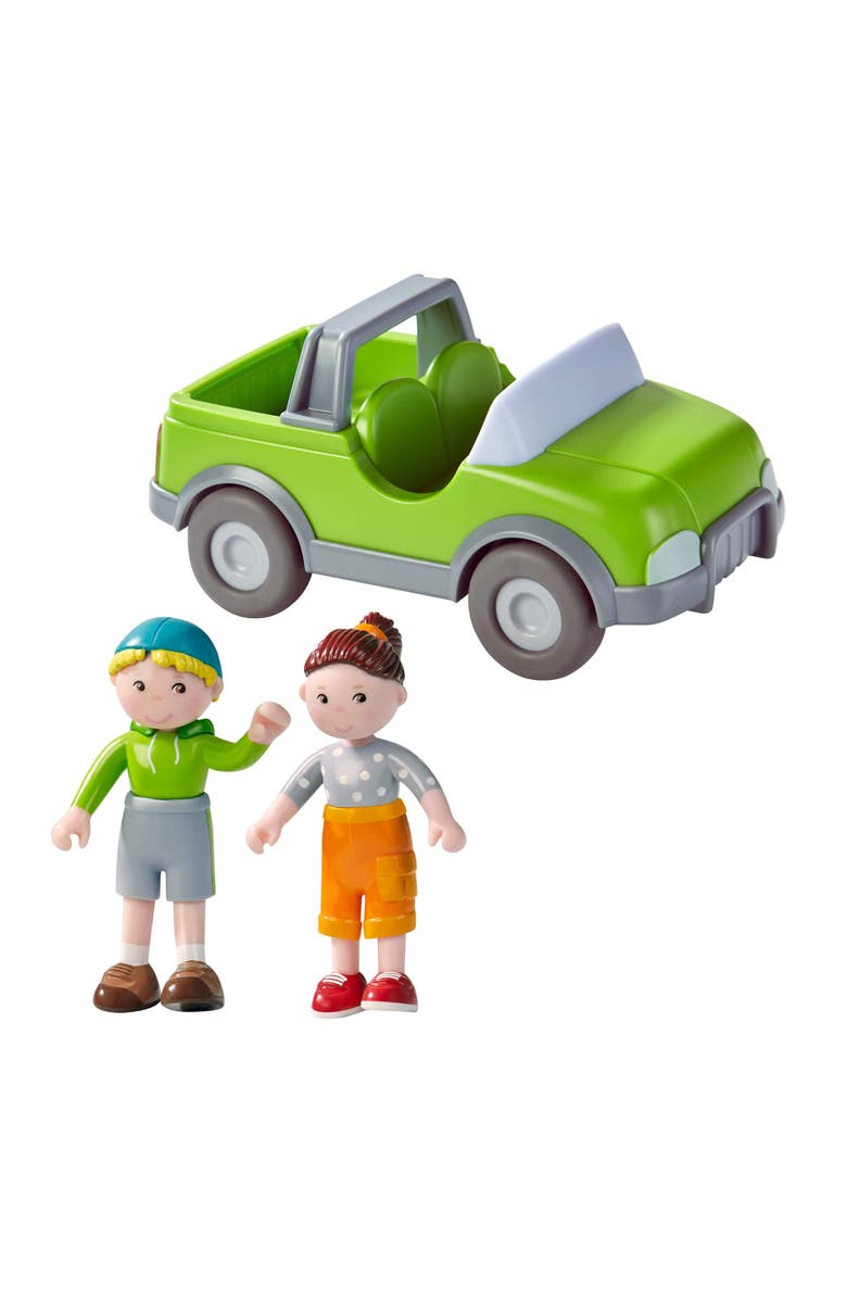 HABA Little Friends Out and About Playset with 2 Toy Figures and Green Momentum Motor Vehicle, Main, color, 