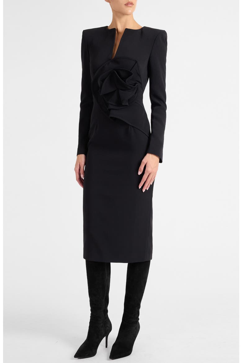 Maya Long Sleeve Midi Dress in Stretch Crepe, Alternate, color, BLACK