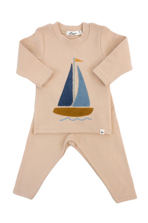 Denim Sailboat Terry Applique Two Piece Set