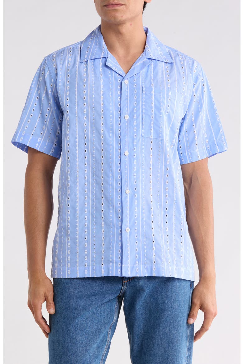 Embroidered Striped Relaxed Fit Camp Shirt, Main, color, BLUE/ WHITE