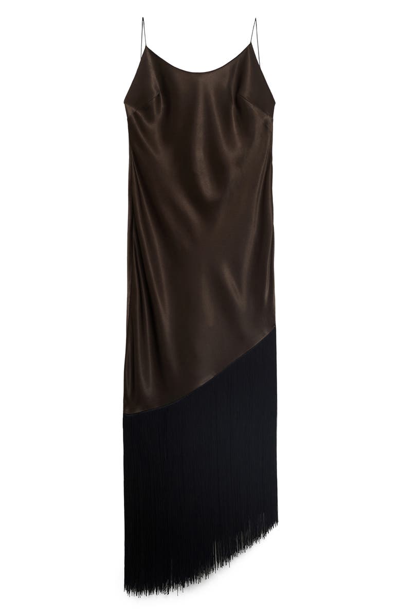 MANGO Fringe Trim Asymmetric Satin Slipdress, Alternate, color, Brown