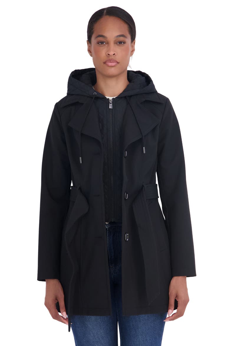 Softshell Trench Coat with Hooded Bib, Alternate, color, BLACK