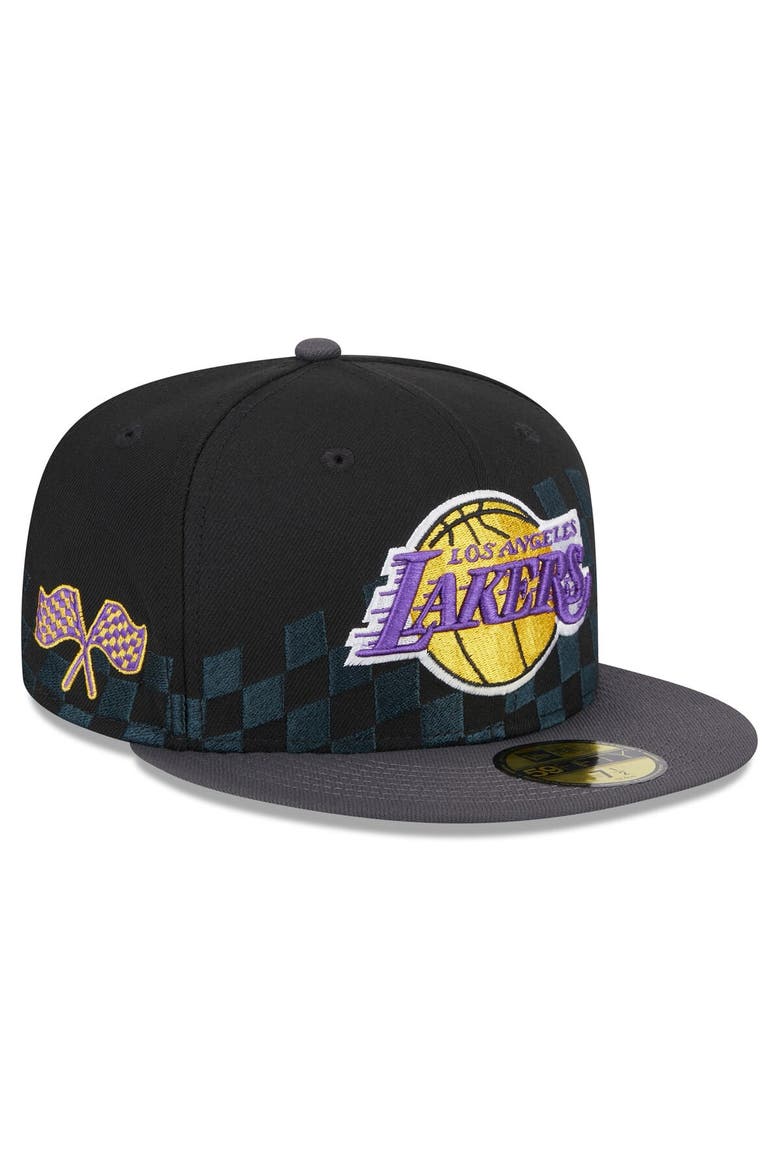 Men's New Era Black Los Angeles Lakers  Rally Drive Checkerboard 59FIFTY Crown Fitted Hat, Main, color, Black