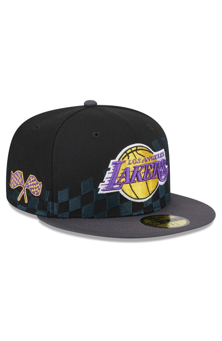New Era Men's New Era Black Los Angeles Lakers Rally Drive Checkerboard 59FIFTY Crown Fitted Hat, Main, color, Black