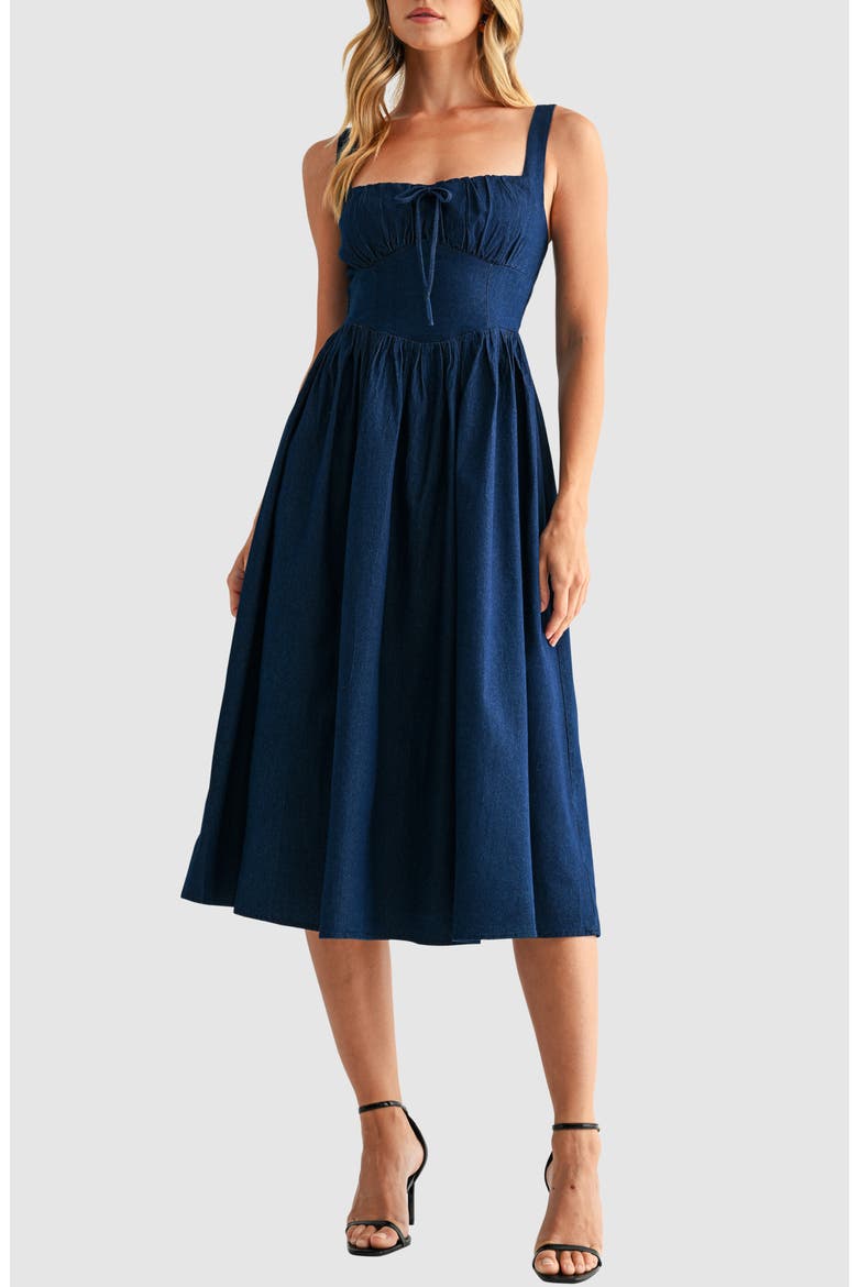 Square Neck Denim Midi Dress, Main, color, DARK DENIM