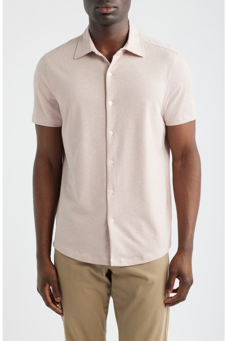 Keyes Slim Fit Microprint Short Sleeve Knit Button-Up Shirt, Main, color, CORAL