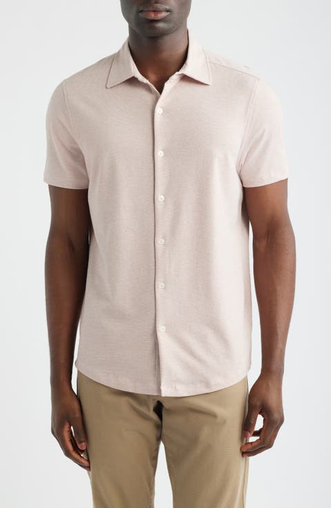 Keyes Slim Fit Microprint Short Sleeve Knit Button-Up Shirt