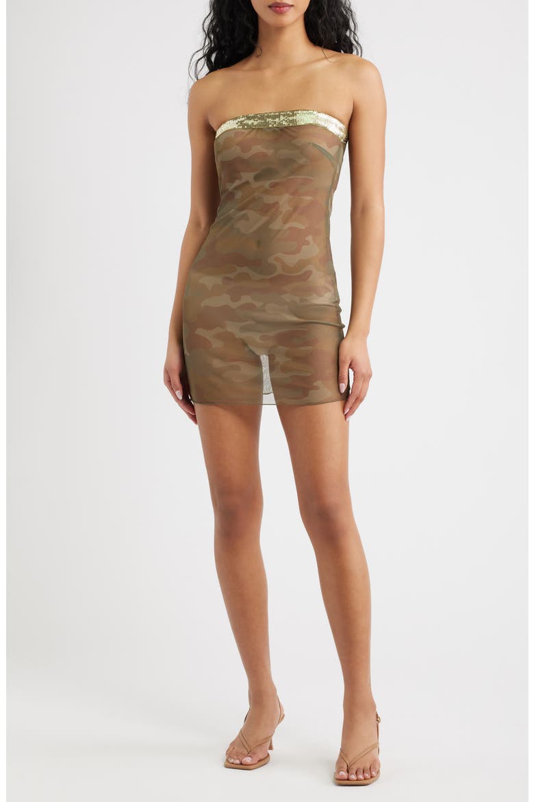 Chyler Camo Print Sequin Strapless Minidress, Main, color, CAMO