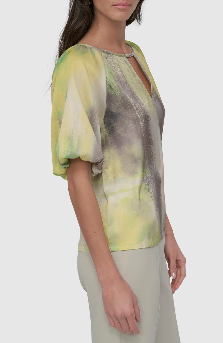 DKNY Abstract Print Logo Charm Puff Sleeve Top, Alternate, color, Watercolor Hues