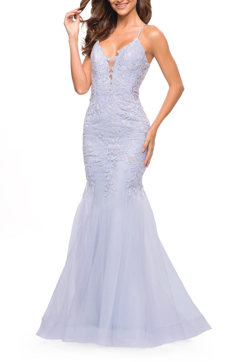 Mermaid Tulle and Lace Jeweled Prom Dress, Alternate, color, Lilac Mist