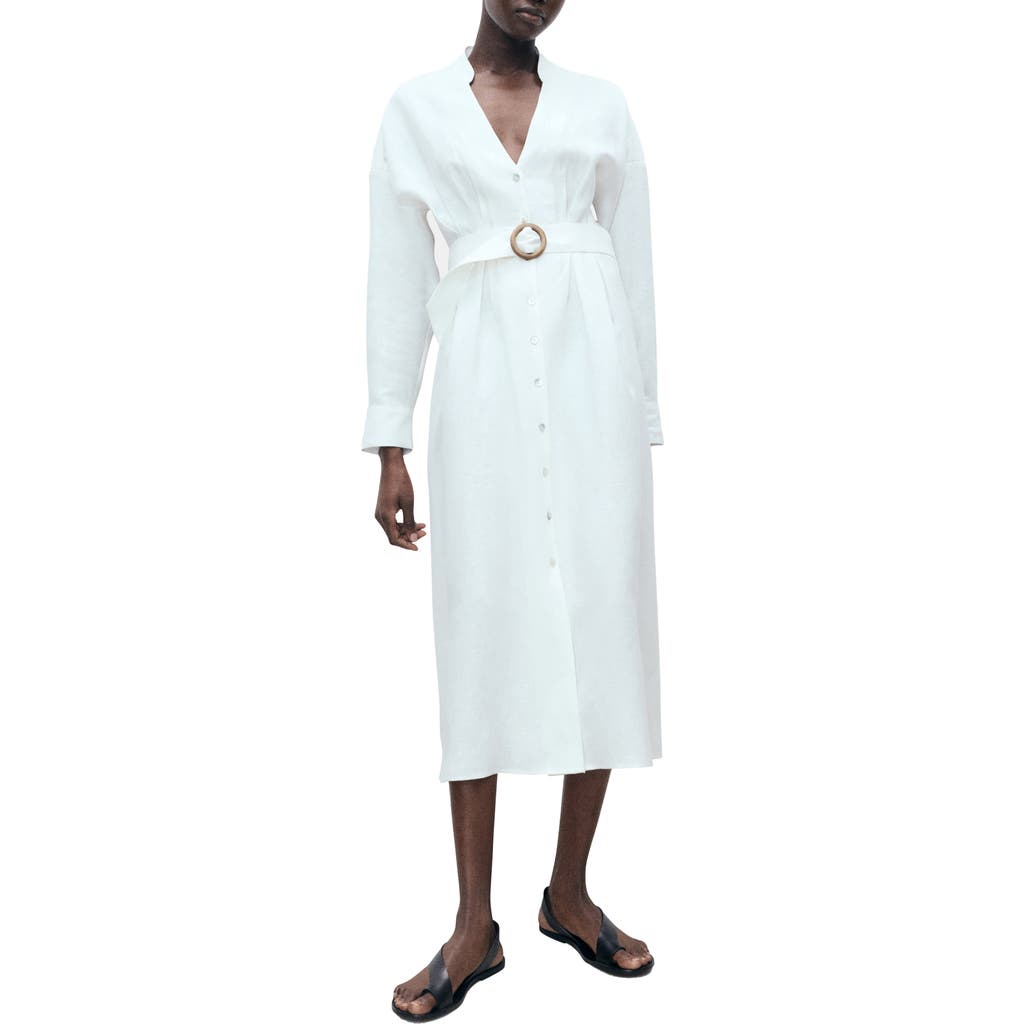 Mango Belted Long Sleeve Linen Shirtdress In White