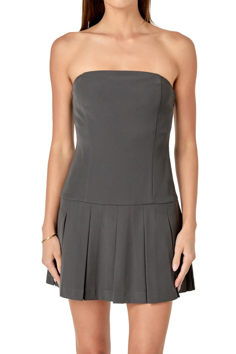 Pleated Strapless Drop Waist Minidress, Alternate, color, CHARCOAL