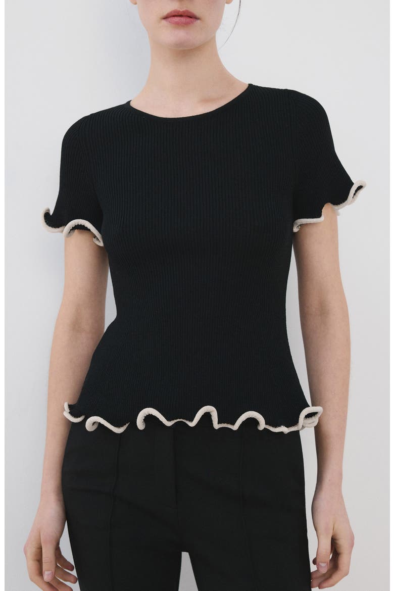 Ruffle Trim Short Sleeve Sweater, Main, color, BLACK