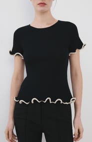 MANGO Ruffle Trim Short Sleeve Sweater