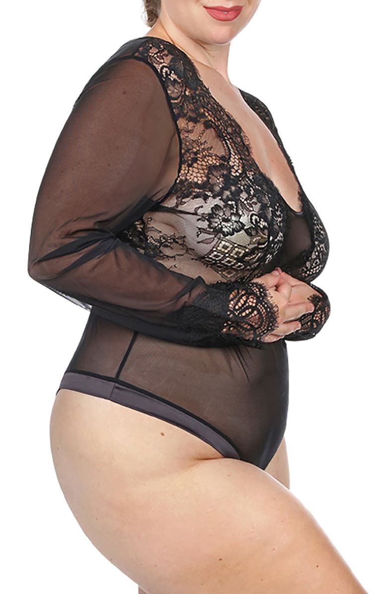 MeMoi Josephine Long SLeeve Thong Bodysuit, Alternate, color, Black