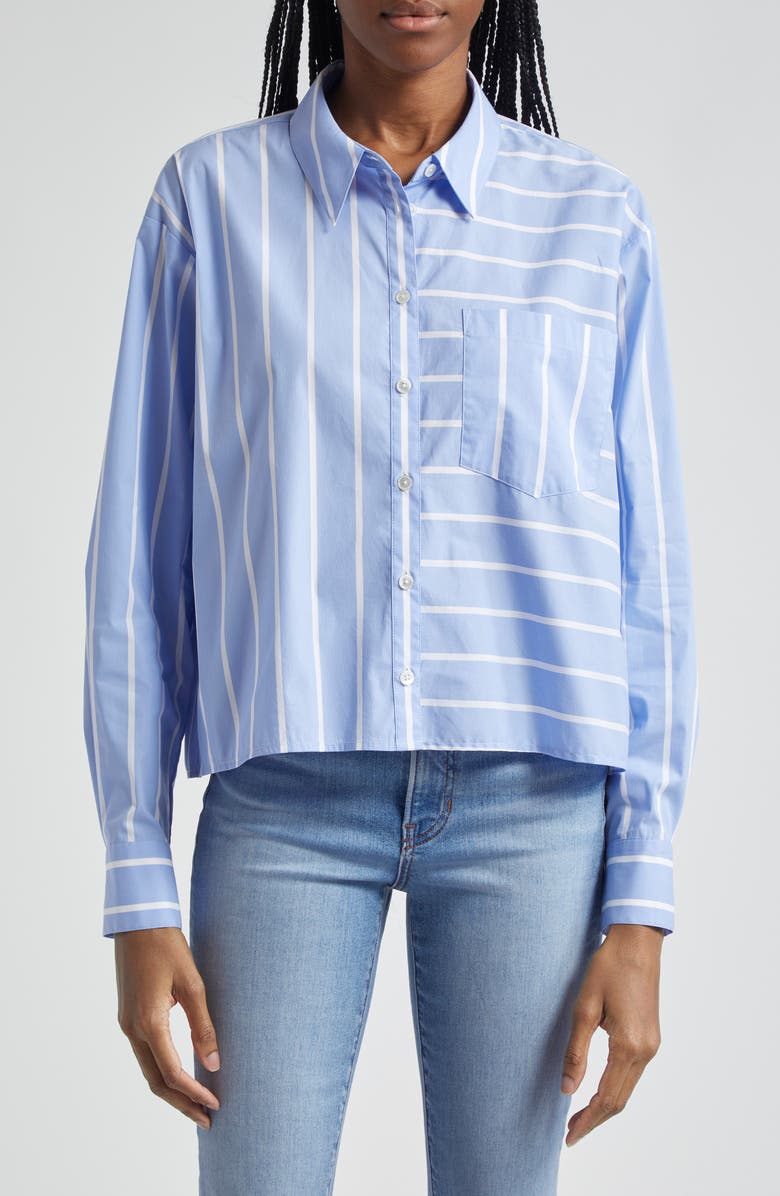Veronica Beard Kinley Directional Stripe Cotton Blend Button-Up Shirt, Main, color, Hydrangea/ White